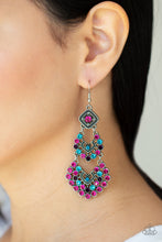 Load image into Gallery viewer, A glittery explosion of multicolored rhinestones coalesce into three sparkly frames that delicately link into a studded chandelier, creating a dramatic statement piece. Earring attaches to a standard fishhook fitting. 
