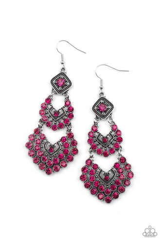 A glittery explosion of Raspberry Sorbet rhinestones coalesce into three sparkly frames that delicately link into a studded chandelier, creating a dramatic statement piece. Earring attaches to a standard fishhook fitting. 