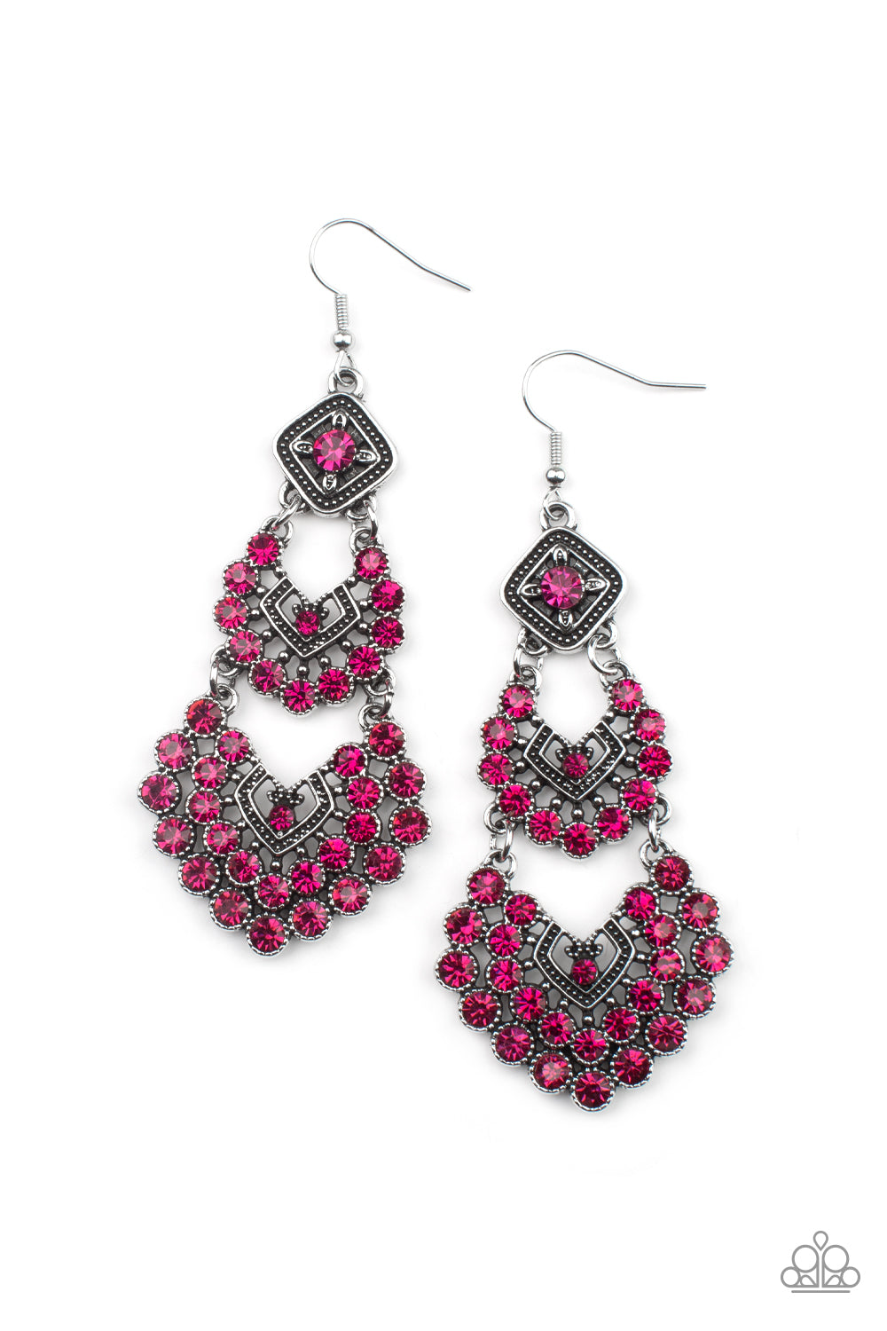 A glittery explosion of Raspberry Sorbet rhinestones coalesce into three sparkly frames that delicately link into a studded chandelier, creating a dramatic statement piece. Earring attaches to a standard fishhook fitting. 