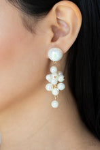 Load image into Gallery viewer, Featuring an iridescent shimmer, a bubbly collection of white pearls delicately cluster at the bottom of a matching half pearl fitting for an effervescently flirty look. Earring attaches to a standard post fitting.
