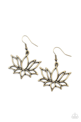 Brushed in an antiqued shimmer, an oversized brass lotus swings from the ear for a seasonal fashion. Earring attaches to a standard fishhook fitting.