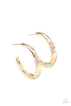 Load image into Gallery viewer, Ribbons of white rhinestones wrap around a dainty gold hoop that has been chiseled and twisted, adding extra dimension. Earring attaches to a standard post fitting. Hoop measures approximately 1&quot; in diameter.
