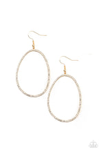 Load image into Gallery viewer, Dotted in dainty white rhinestones, an asymmetrical oval gold frame swings from the ear for a sassy look. Earring attaches to a standard fishhook fitting. 
