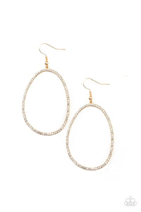 Dotted in dainty white rhinestones, an asymmetrical oval gold frame swings from the ear for a sassy look. Earring attaches to a standard fishhook fitting. 