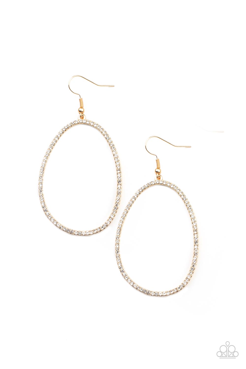 Dotted in dainty white rhinestones, an asymmetrical oval gold frame swings from the ear for a sassy look. Earring attaches to a standard fishhook fitting. 