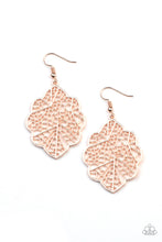 Load image into Gallery viewer, A scalloped rose gold leafy frame is filled with a backdrop of stenciled geometric accents, creating a whimsy seasonal display. Earring attaches to a standard fishhook fitting.
