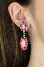 Load image into Gallery viewer, Bordered in dainty Burnt Coral and Raspberry Sorbet beads, a pair of marquise and oval Burnt Coral beads delicately link into a colorful lure for a fresh pop of color. Earring attaches to a standard clip-on fitting.
