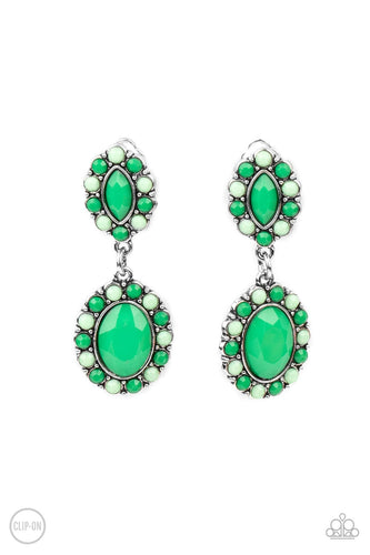 Bordered in dainty Mint and Green Ash beads, a pair of marquise and oval Mint beads delicately link into a colorful lure for a fresh pop of color. Earring attaches to a standard clip-on fitting.