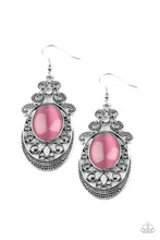 Load image into Gallery viewer, Topped with studded silver filigree and a solitaire white rhinestone, an oval silver frame is adorned with studded vine-like filigree that fans out from the bottom of a whimsical pink cat eye&#39;s stone for an enchanted fashion. Earring attaches to a standard fishhook fitting. 
