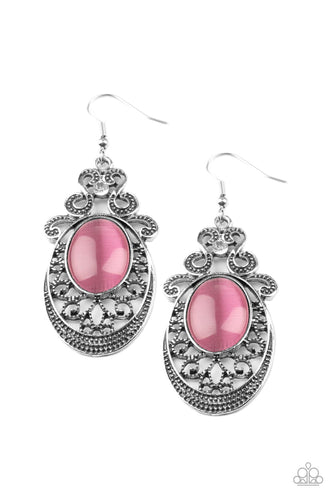 Topped with studded silver filigree and a solitaire white rhinestone, an oval silver frame is adorned with studded vine-like filigree that fans out from the bottom of a whimsical pink cat eye's stone for an enchanted fashion. Earring attaches to a standard fishhook fitting. 