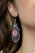 Load image into Gallery viewer, Topped with studded silver filigree and a solitaire white rhinestone, an oval silver frame is adorned with studded vine-like filigree that fans out from the bottom of a whimsical pink cat eye&#39;s stone for an enchanted fashion. Earring attaches to a standard fishhook fitting. 
