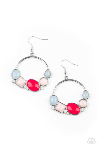 Dainty opalescent white rhinestones are sprinkled between mismatched dewy Cerulean, pink, and Raspberry Sorbet beads along the bottom of a silver hoop, creating a bubbly pop of color. Earring attaches to a standard fishhook fitting.