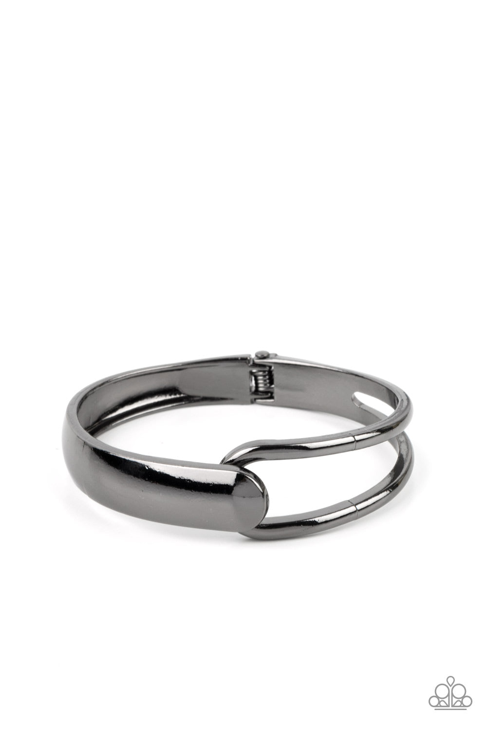 A flat gunmetal bar and airy gunmetal frame delicately overlap around the wrist, creating an oversized cuff-like bangle for a modern twist. Features a hinged closure.