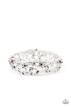 Load image into Gallery viewer, Dotted with dainty purple rhinestone centers, flowering leafy silver vines bloom into two oversized silver frames that delicately hinge into a versatile bangle-like bracelet. Features a hinged closure. 
