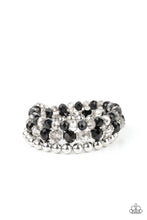 Load image into Gallery viewer, Sections of shiny silver beads and an alternating pattern of smoky and glittery black rhinestone gems gradually increase in size along a coiled wire, creating a jaw-dropping infinity wrap bracelet around the wrist.
