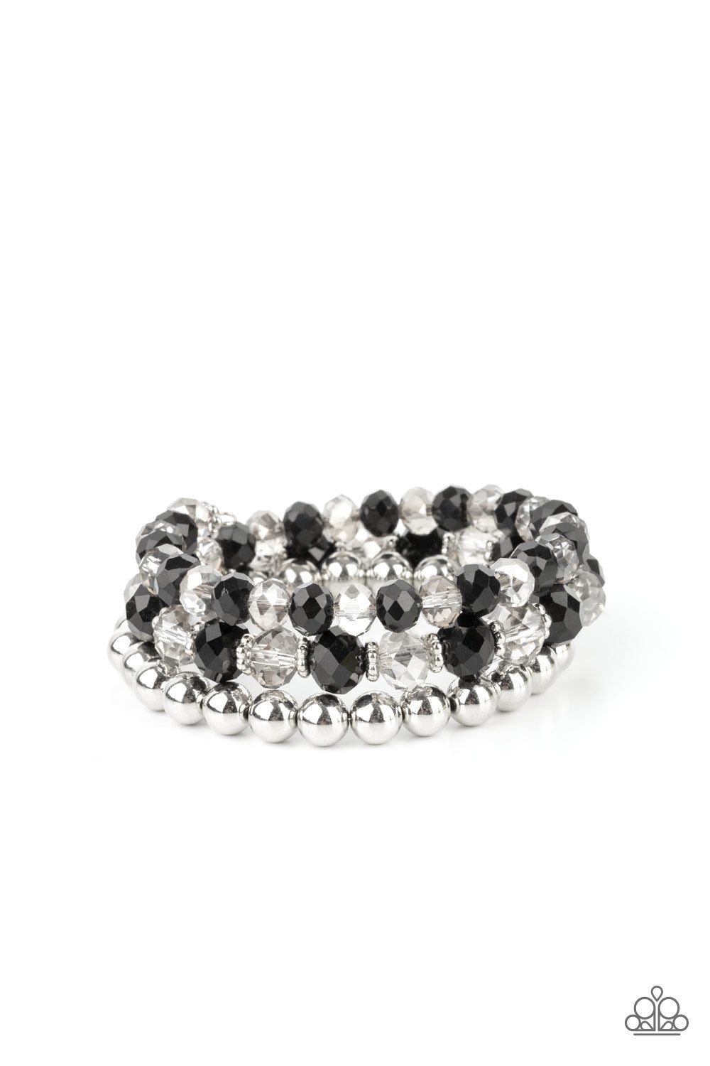 Sections of shiny silver beads and an alternating pattern of smoky and glittery black rhinestone gems gradually increase in size along a coiled wire, creating a jaw-dropping infinity wrap bracelet around the wrist.