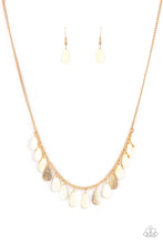 Load image into Gallery viewer, Delicately hammered in blinding shimmer, a dainty row of flat gold teardrops drip from the bottom of a dainty gold chain below the collar for a minimalist inspired fashion. Features an adjustable clasp closure.
