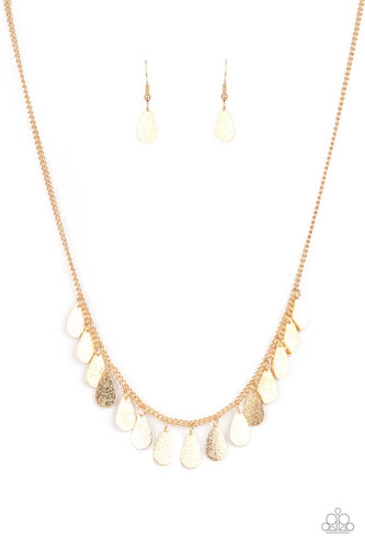 Delicately hammered in blinding shimmer, a dainty row of flat gold teardrops drip from the bottom of a dainty gold chain below the collar for a minimalist inspired fashion. Features an adjustable clasp closure.