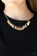 Load image into Gallery viewer, Delicately hammered in blinding shimmer, a dainty row of flat gold teardrops drip from the bottom of a dainty gold chain below the collar for a minimalist inspired fashion. Features an adjustable clasp closure.
