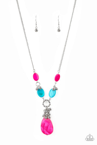Oval blue and pink shell-like beads link with pairs of dainty silver beads below the collar. A cluster of shiny silver beads and oversized pink shell-like teardrop swings from the bottom, creating a vibrant summer inspired pendant. Features an adjustable clasp closure.