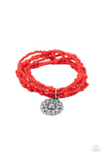 Load image into Gallery viewer, A shiny silver floral charm glides along stretchy strands of mismatched red seed beads, creating vibrant layers around the wrist.  Sold as one individual bracelet.
