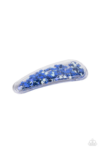 A stellar collection of shimmery white and blue stars sparkle back and forth inside a clear plastic frame, creating an eye-catching twinkle. Features a standard snap hair clip on the back.