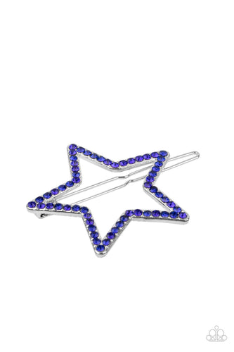 The front of an oversized silver star is encrusted in glittery blue rhinestones, creating an inspiring patriotic shimmer. Features a clamp barrette closure. 