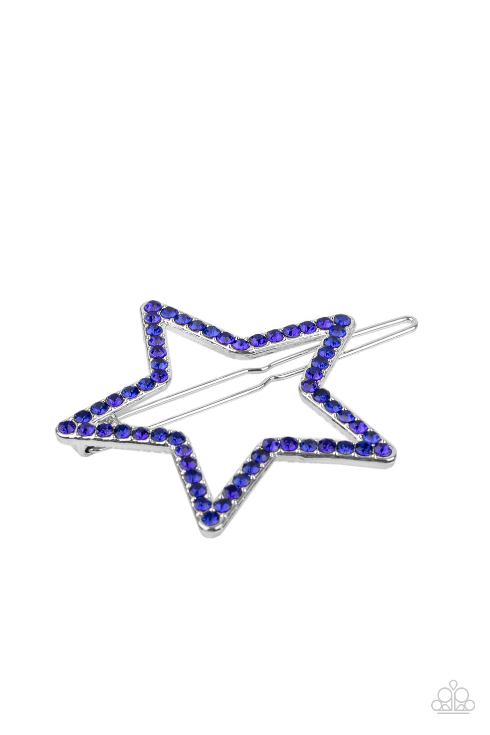 The front of an oversized silver star is encrusted in glittery blue rhinestones, creating an inspiring patriotic shimmer. Features a clamp barrette closure. 