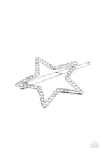 Load image into Gallery viewer, The front of an oversized silver star is encrusted in glittery white rhinestones, creating an inspiring patriotic shimmer. Features a clamp barrette closure.
