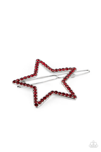 The front of an oversized silver star is encrusted in fiery red rhinestones, creating an inspiring patriotic shimmer. Features a clamp barrette closure.