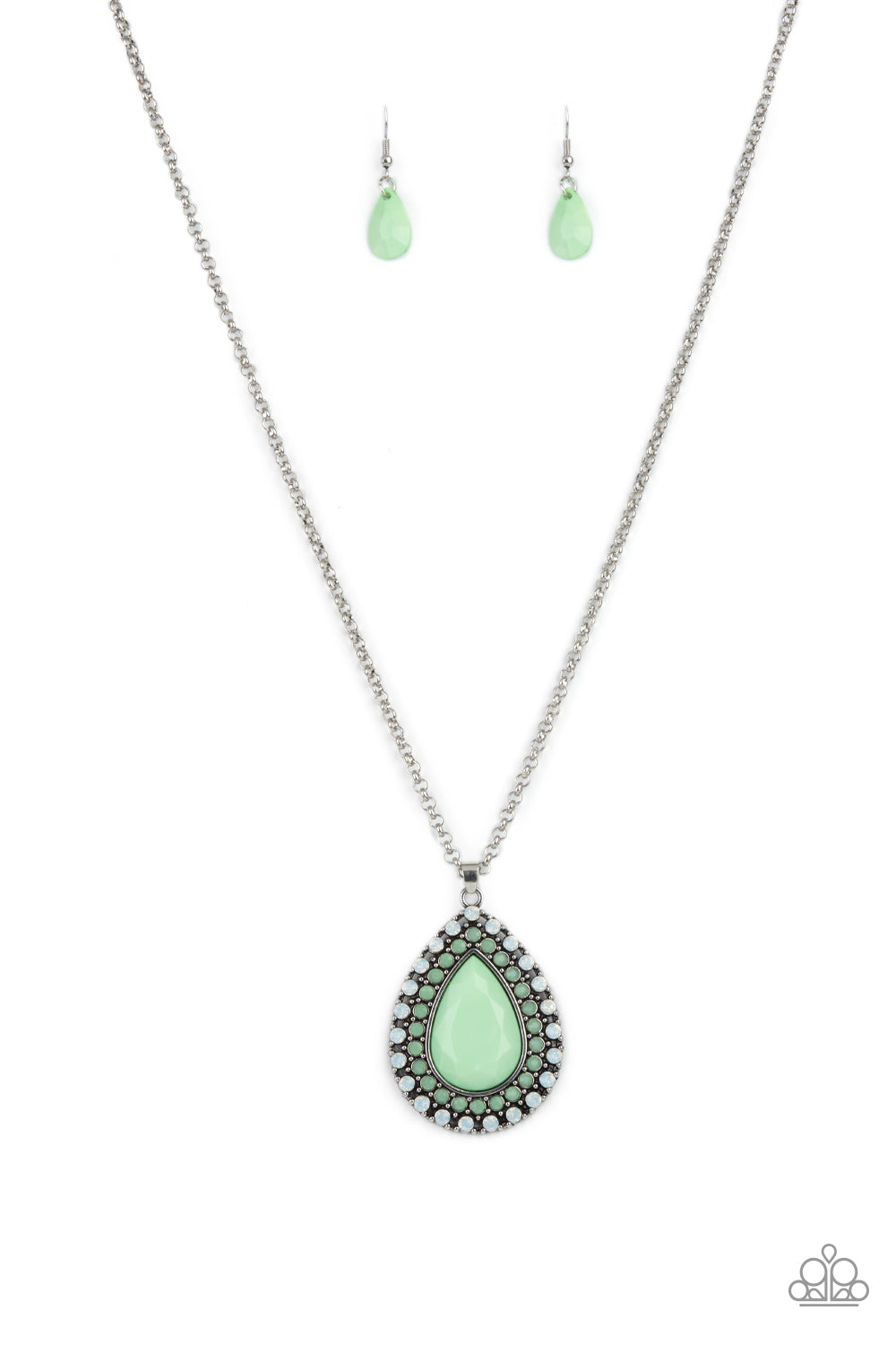 A faceted Green Ash teardrop is pressed into the center of a silver frame bordered in rows of opalescent white and Green Ash beads, creating an ethereal pendant at the bottom of a classic silver chain. Features an adjustable clasp closure