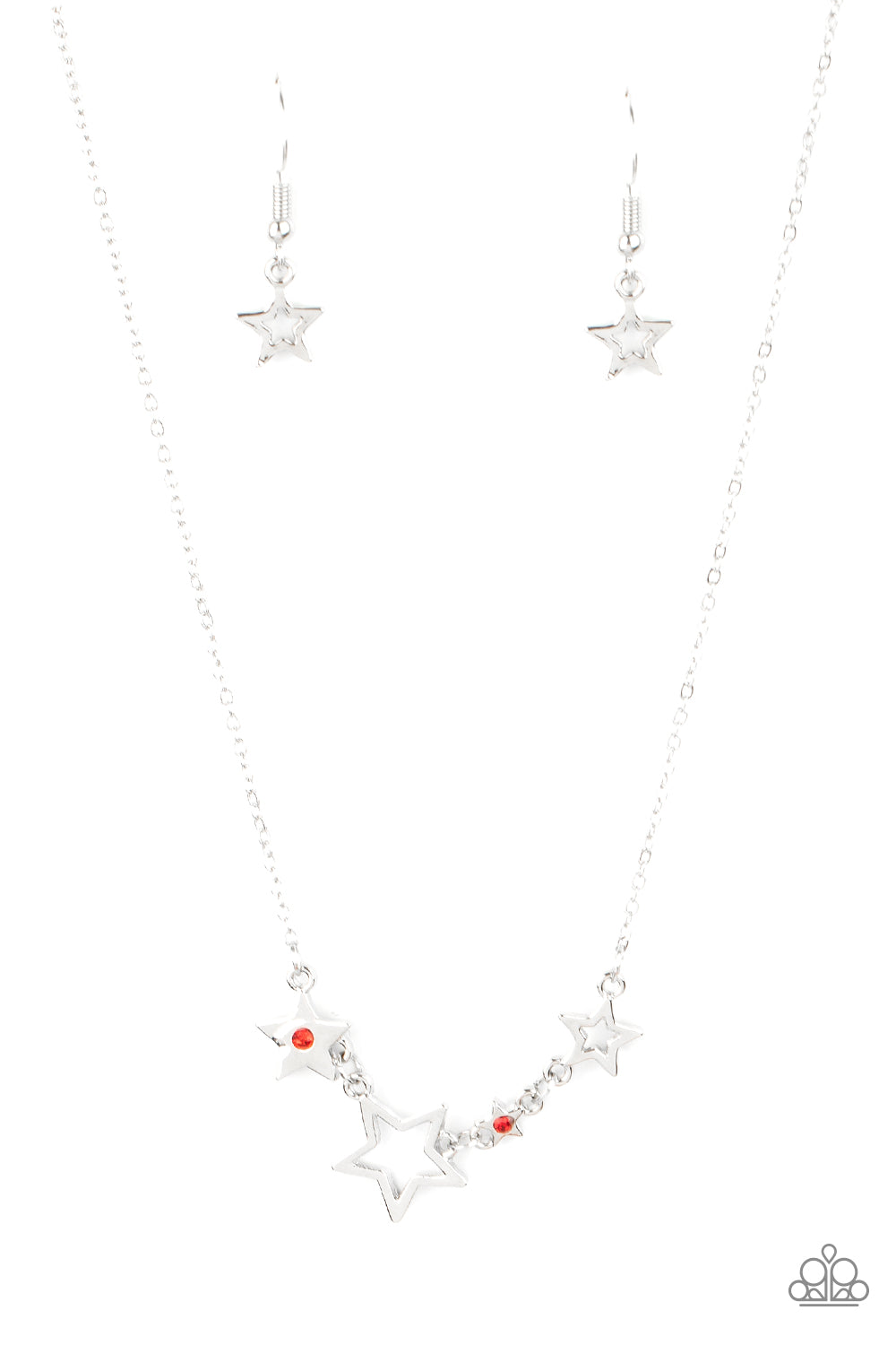 A mismatched collection of airy silver stars and red rhinestone dotted star frames delicately link below the collar, creating a stellar patriotic inspired pendant. Features an adjustable clasp closure.