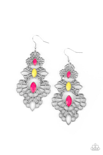 Suspended in the centers of three web-like silver frames, Raspberry Sorbet and Illuminating marquise cut beads create flashy focal points. Graduating in size from top to bottom, the airy frames connect into an irresistibly flamboyant lure. Earring attaches to a standard fishhook fitting. 