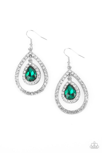 A brilliant green teardrop gem, encased in a sparkling white rhinestone frame, creates a striking pendant as it dangles inside an airy teardrop frame encrusted with white rhinestones and culminates into a mesmerizing lure. Earring attaches to a standard fishhook fitting.