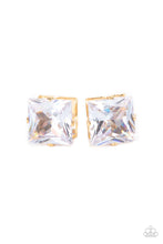 Load image into Gallery viewer, A stunning oversized square rhinestone, set in a classic gold pronged fitting, makes a show-stopping impact as it shines brilliantly and draws attention up to the face. Earring attaches to a standard post fitting. 
