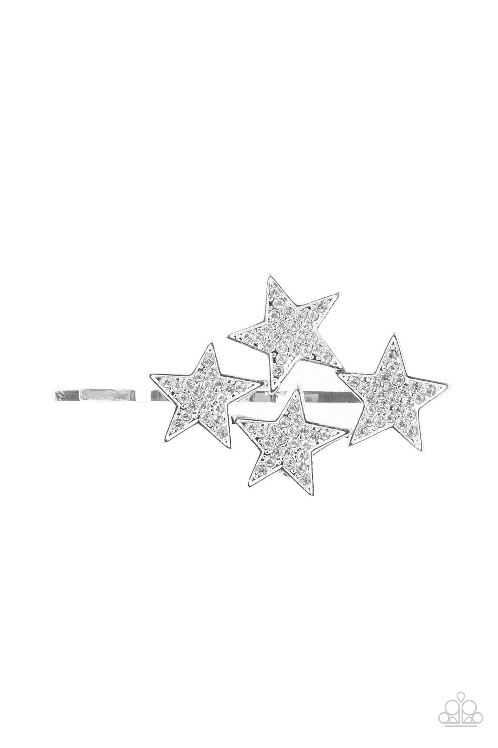 Dotted in dainty white rhinestones, an explosion of stars adorns the front of a silver bobby pin for a stellar shimmer.
