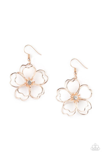 Layers of heart-shaped petals molded from shiny rose gold wire create an airy three-dimensional flower. A dainty white rhinestone dots the center adding sparkle to the whimsical frame. Earring attaches to a standard fishhook fitting. 