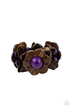 Load image into Gallery viewer, Distressed brown wooden pieces and round purple wooden beads join colorful wooden floral accents along stretchy bands around the wrist, creating a tropical inspired centerpiece. 
