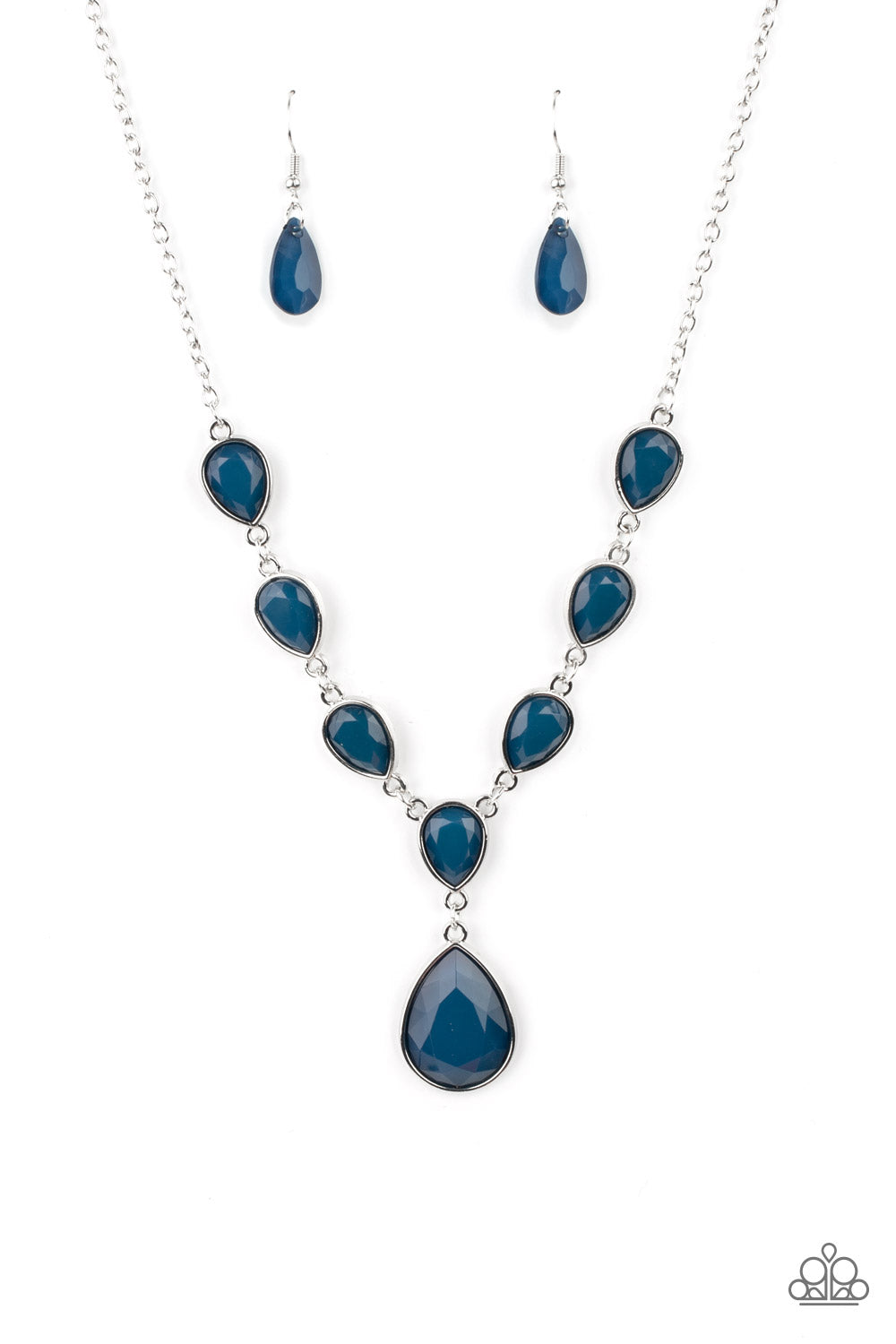 Encased in sleek silver fittings, a chain of faceted blue teardrops gives way to an oversized blue teardrop pendant for an enchanting pop of color below the collar. Features an adjustable clasp closure. 