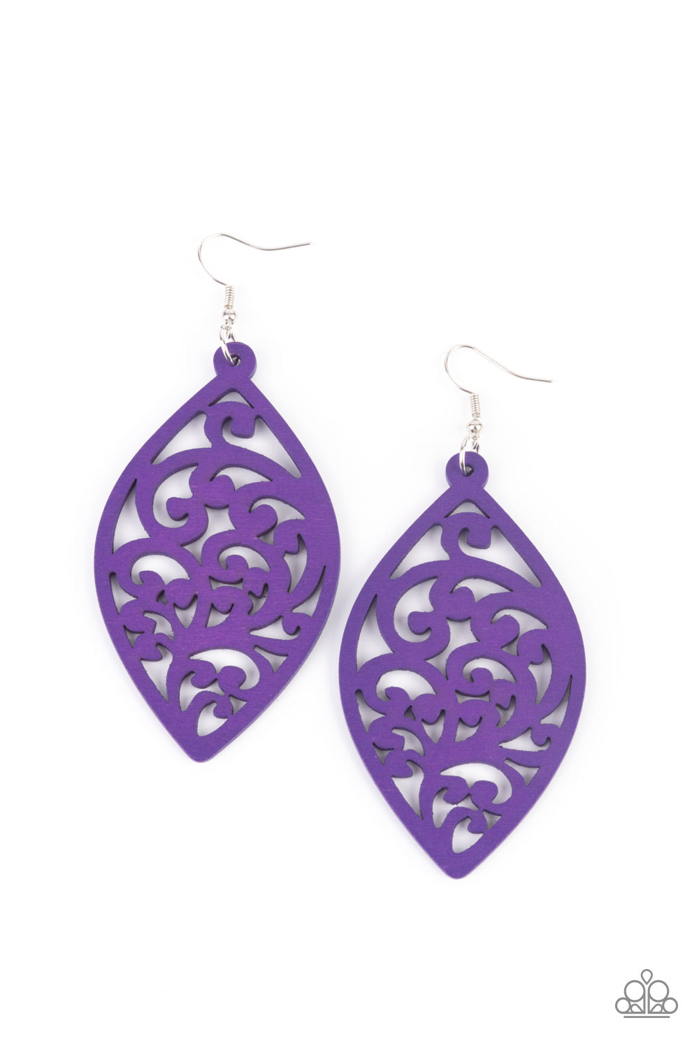 Painted in a vibrant purple finish, a floral motif permeates an airy oval wooden frame creating a tropical-inspired lure. Earring attaches to a standard fishhook fitting. 