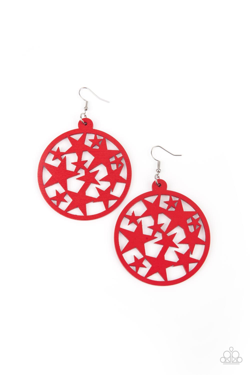 An oversized round red wooden frame is filled with a cosmos of cut-out red stars creating a whimsical statement.  Earring attaches to a standard fishhook fitting.