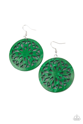 A bold mandala-inspired design is carved out of an oversized green disc creating an eye-catching statement.  Earring attaches to a standard fishhook fitting.
