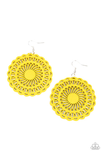 Painted in a sunny yellow finish, a stenciled wooden frame is cutout into a radiating sunburst frame for a colorfully tropic look. Earring attaches to a standard fishhook fitting.