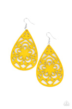 Load image into Gallery viewer, An alluring bright yellow floral design permeates oversized wooden teardrop frames creating an exotic lure.  Earring attaches to a standard fishhook fitting.
