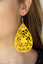 Load image into Gallery viewer, An alluring bright yellow floral design permeates oversized wooden teardrop frames creating an exotic lure.  Earring attaches to a standard fishhook fitting.
