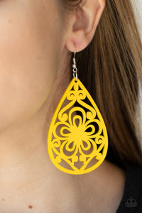 An alluring bright yellow floral design permeates oversized wooden teardrop frames creating an exotic lure.  Earring attaches to a standard fishhook fitting.