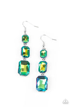 Load image into Gallery viewer, Featuring a dazzling green and gold UV shimmer, a trio of emerald-cut gems in graduating sizes is linked one below the other for a dramatic red carpet finish. Earring attaches to a standard fishhook fitting.
