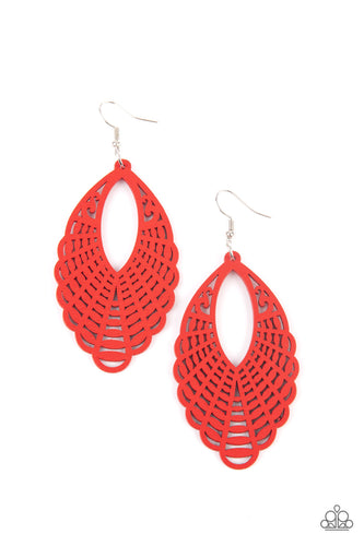 Painted in a vibrant red finish, a wooden marquise-shaped frame features a mandala-inspired cut-out design creating a dreamy lure that calls to the wanderlust adventure seeker. Earring attaches to a standard fishhook fitting.