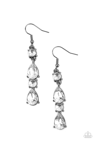 A glamorous collection of brilliant white teardrop and round rhinestones encased in classic gunmetal pronged fittings stack together creating an irresistibly refined lure.  Earring attaches to a standard fishhook fitting. 