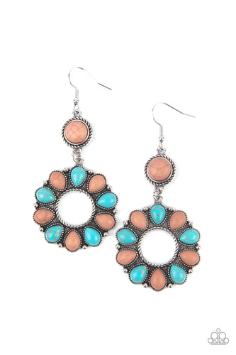 An earthy collection of brown and turquoise teardrop stones fans out from a textured silver ring. The scalloped floral frame dangles from a round brown stone encased in a braided silver fitting for a down-to-earth finish. Earring attaches to a standard fishhook fitting. 
